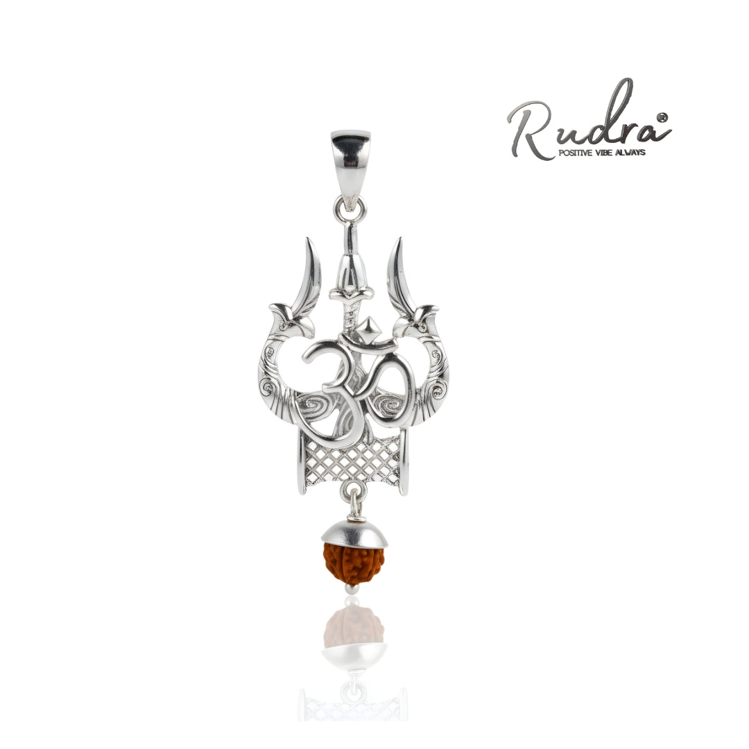 Om Trishul Silver Pendant | Rudraksha Bead
