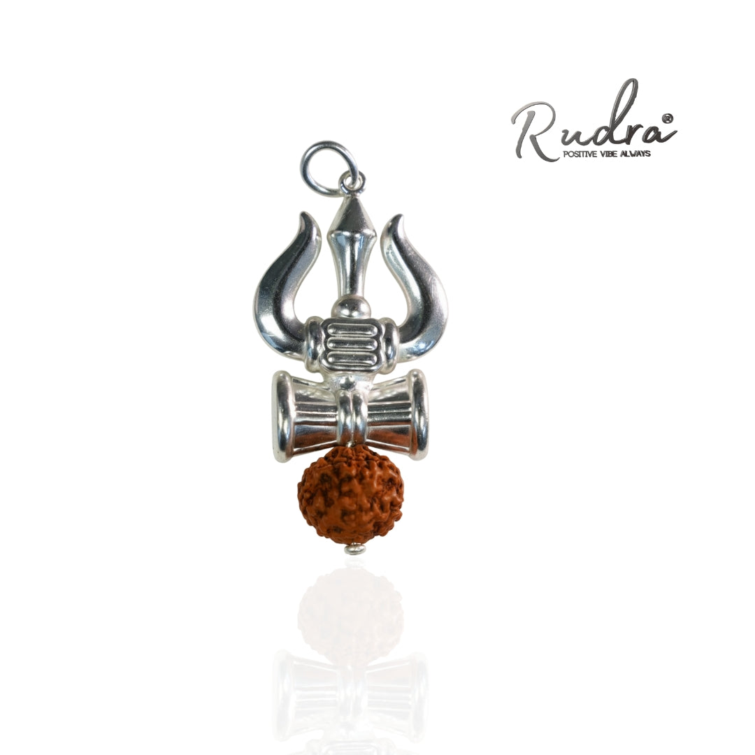 Trishul Damru Silver Pendant | Rudraksha Bead