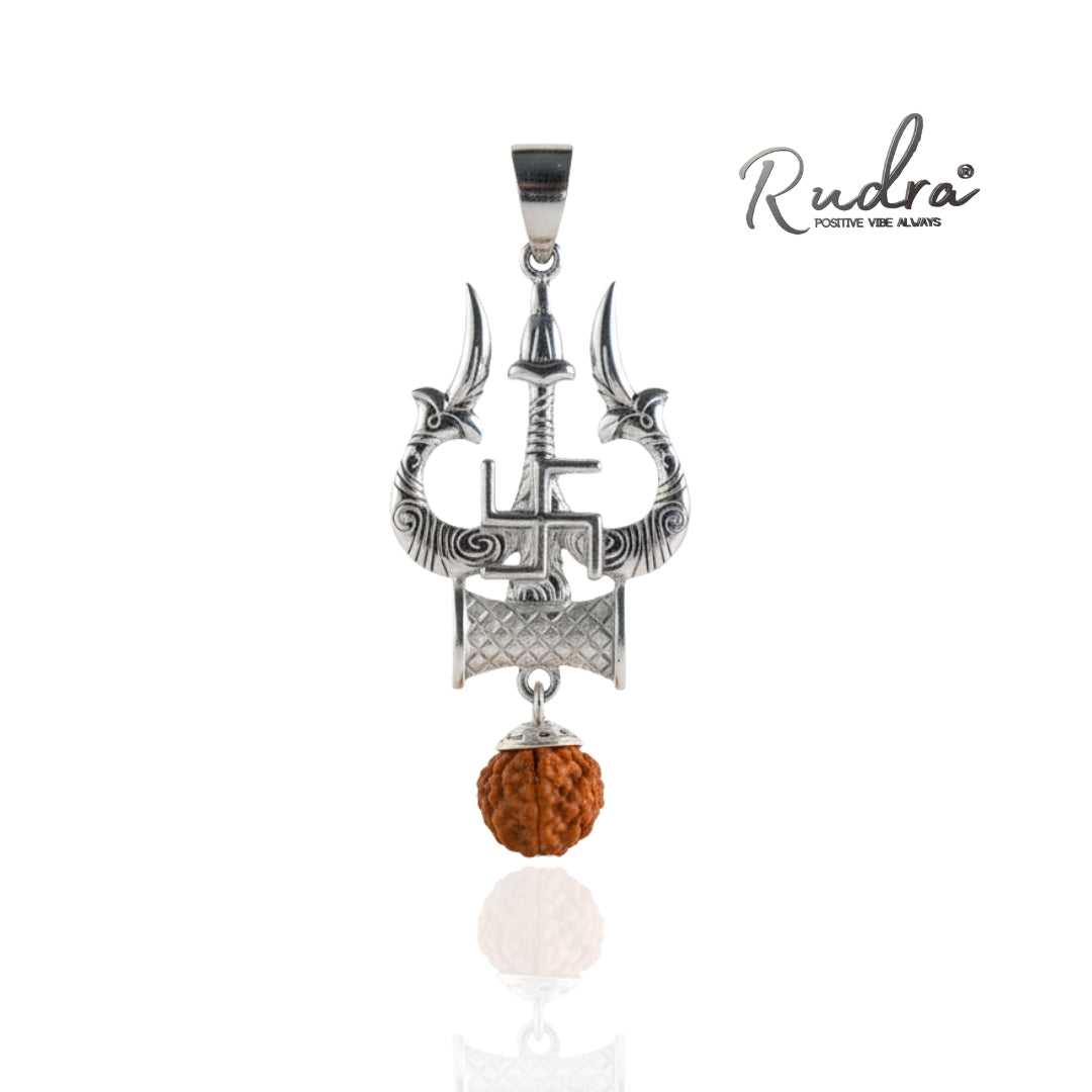 Trishul Swastik Silver Pendant | Rudraksha Bead